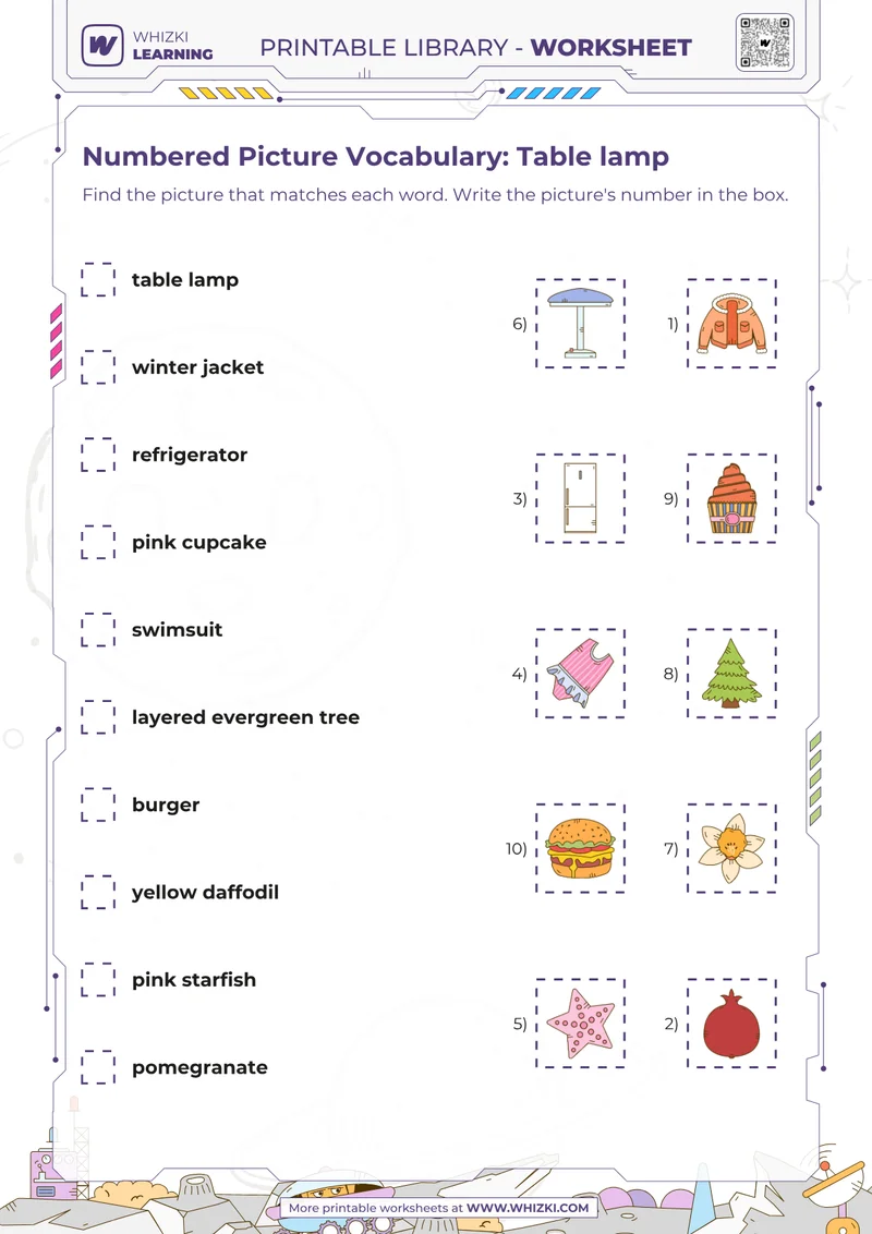 Numbered Picture Vocabulary: Table lamp
