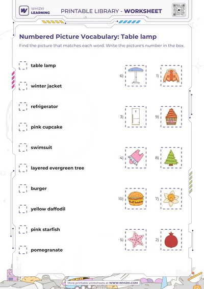 Numbered Picture Vocabulary: Table lamp