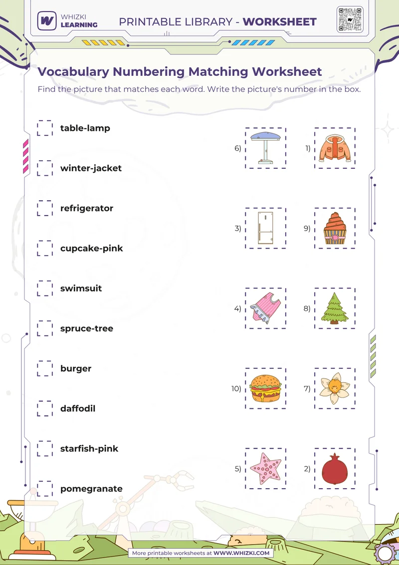 Vocabulary Numbering Matching Worksheet