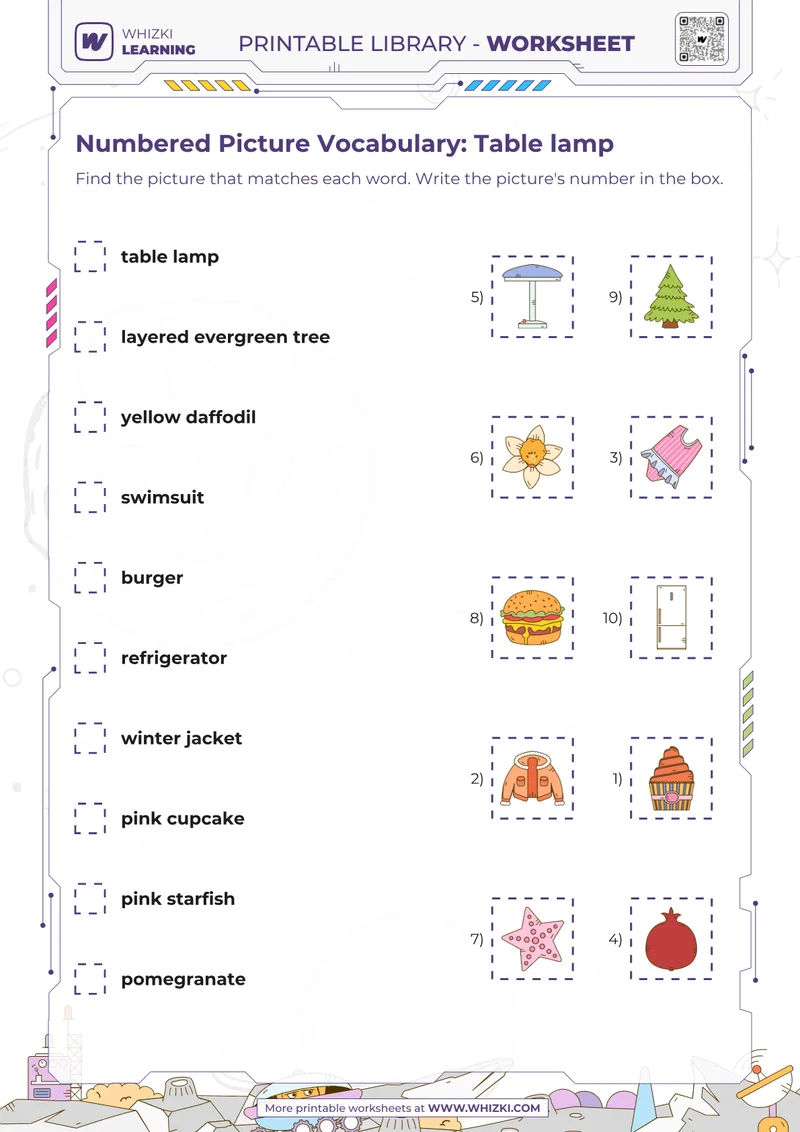 Numbered Picture Vocabulary: Table lamp