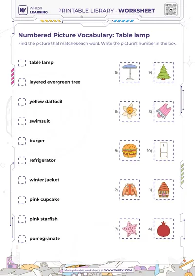 Numbered Picture Vocabulary: Table lamp