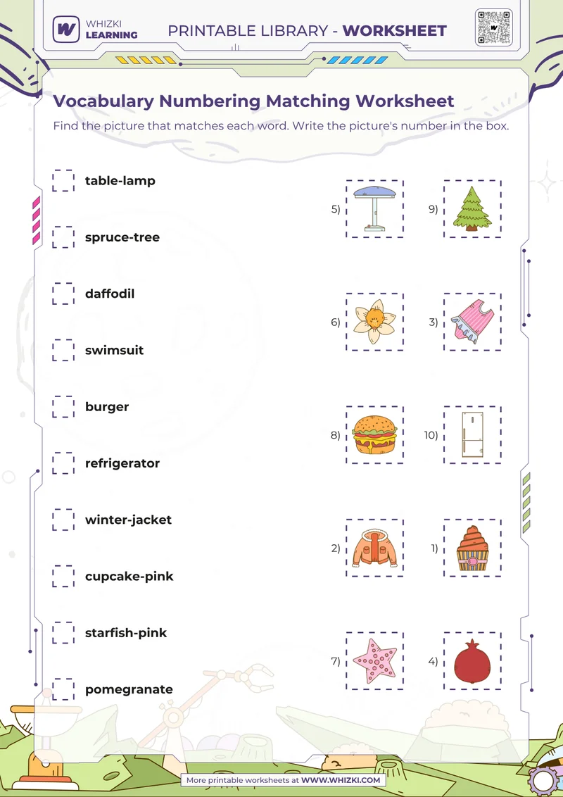 Vocabulary Numbering Matching Worksheet