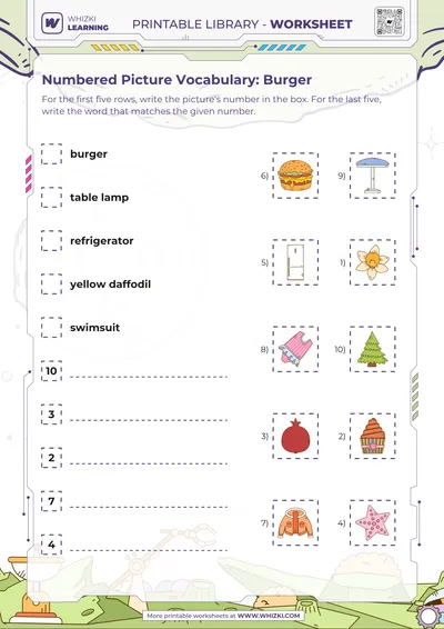 Numbered Picture Vocabulary: Burger