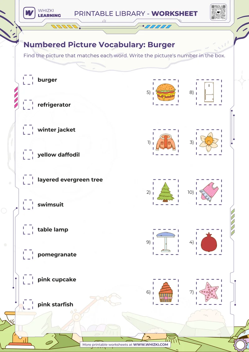 Numbered Picture Vocabulary: Burger