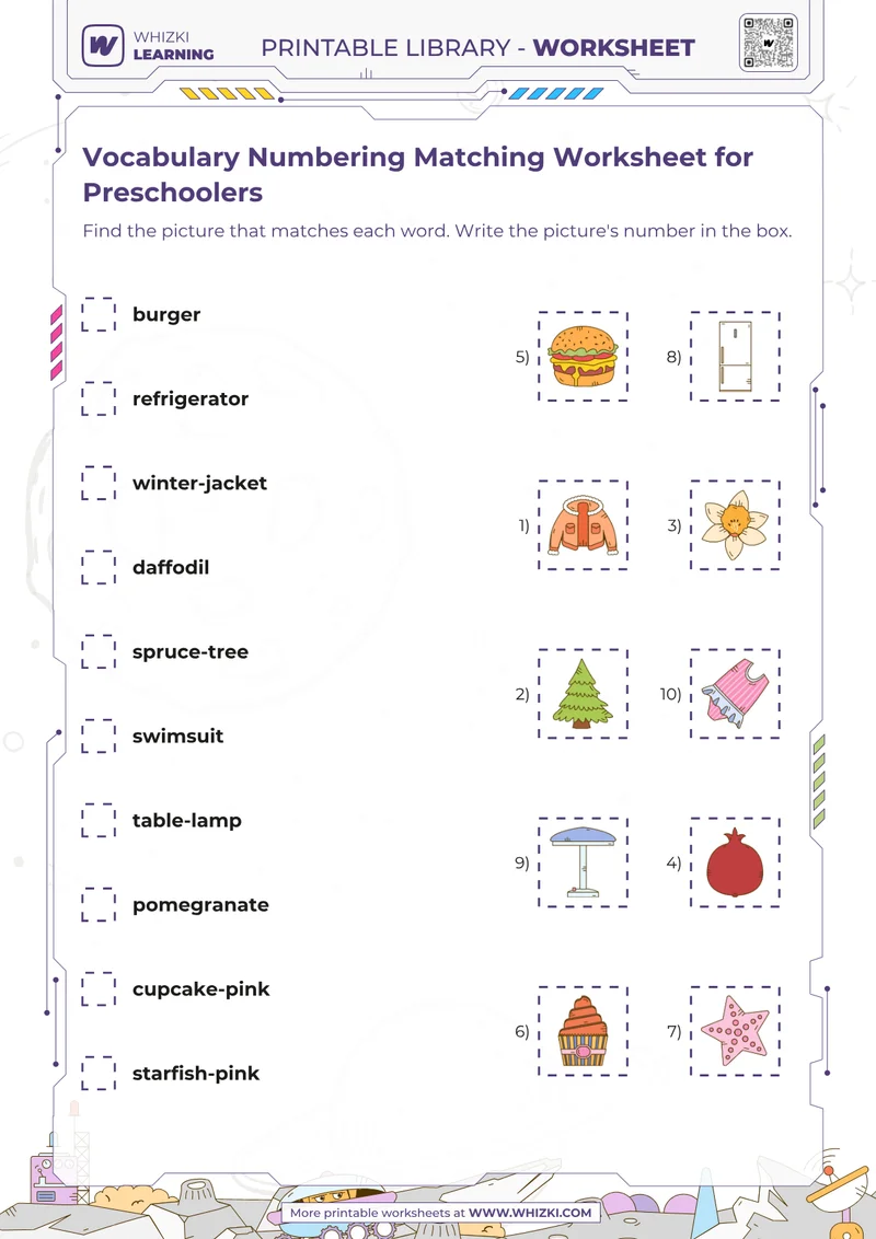 Vocabulary Numbering Matching Worksheet for Preschoolers