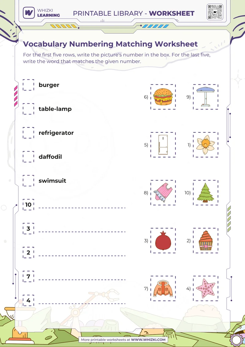 Vocabulary Numbering Matching Worksheet