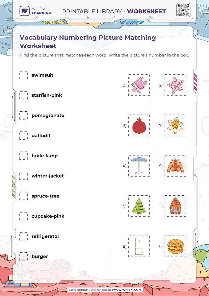 Vocabulary Numbering Picture Matching Worksheet