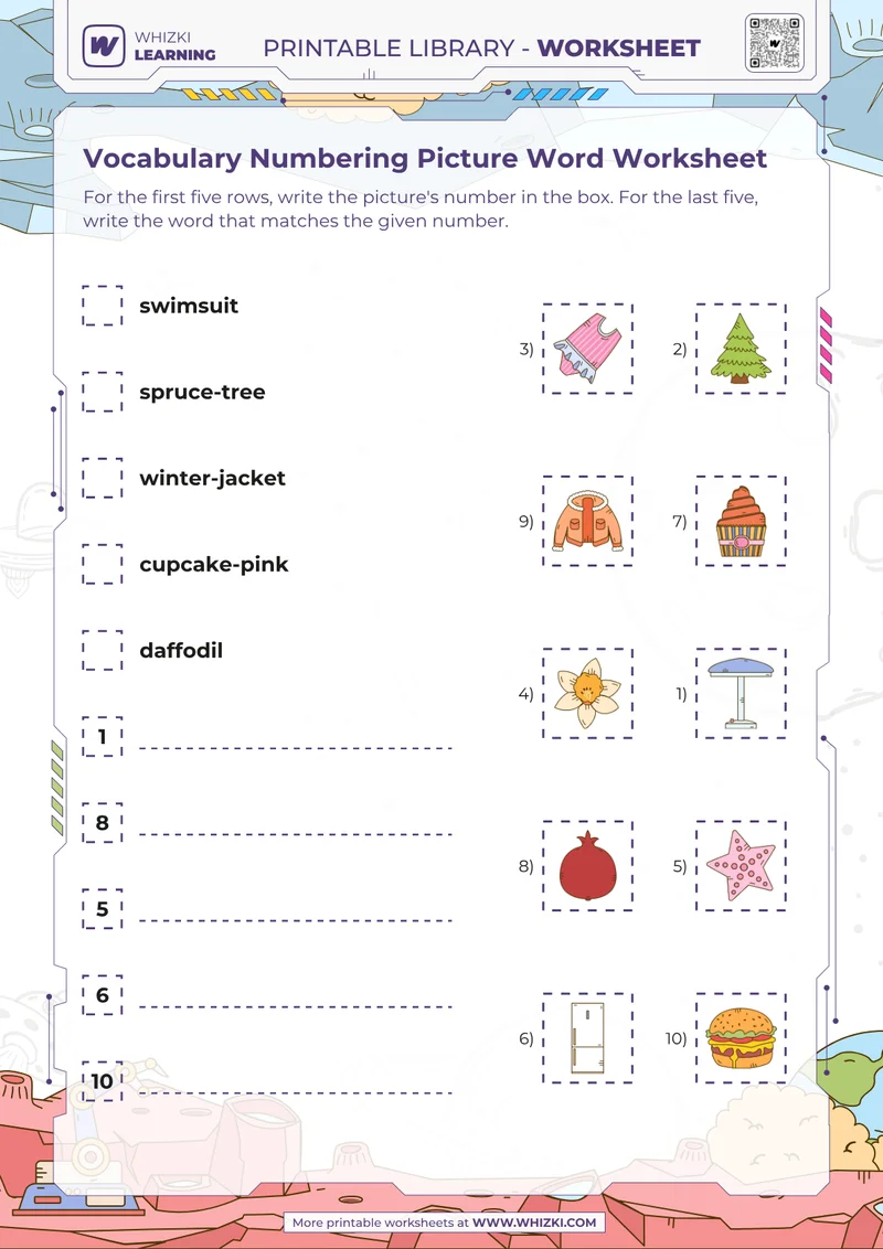 Vocabulary Numbering Picture Word Worksheet