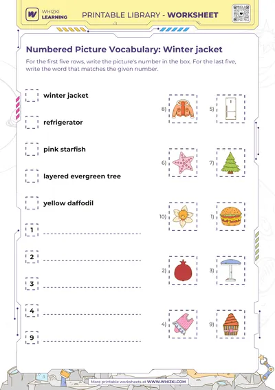 Numbered Picture Vocabulary: Winter jacket