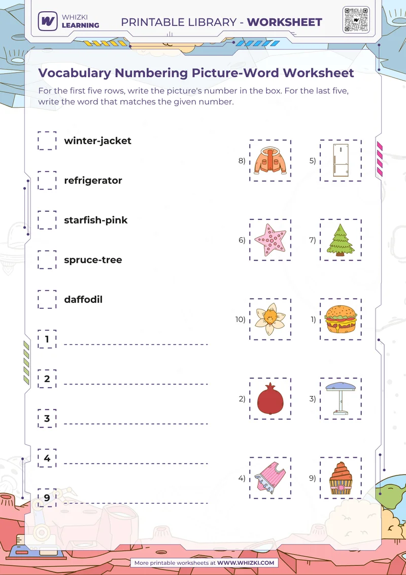 Vocabulary Numbering Picture-Word Worksheet