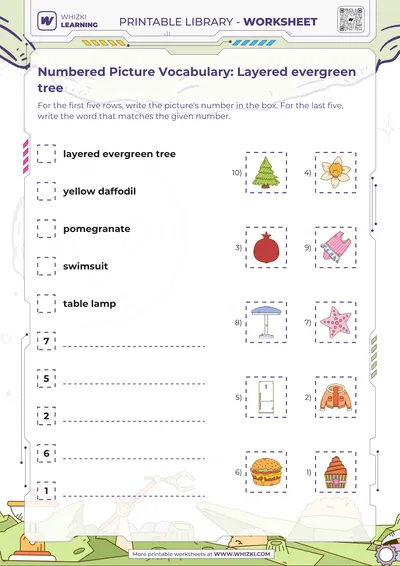 Numbered Picture Vocabulary: Layered evergreen tree