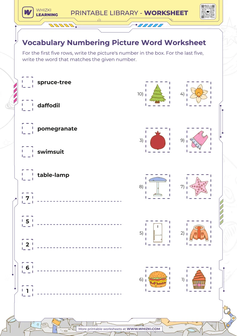Vocabulary Numbering Picture Word Worksheet