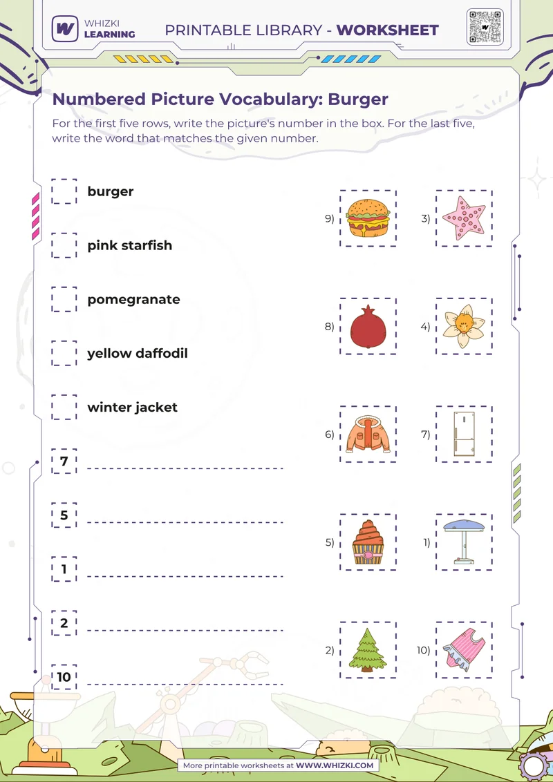 Numbered Picture Vocabulary: Burger