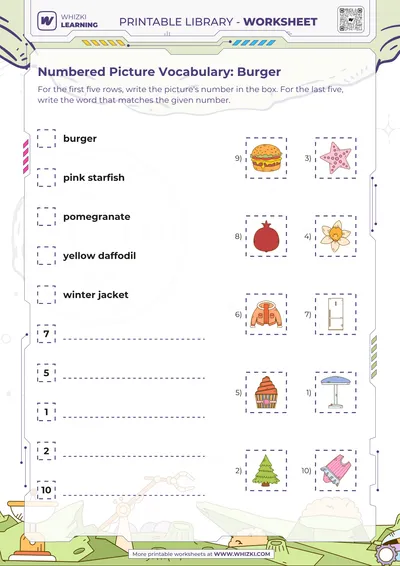Numbered Picture Vocabulary: Burger