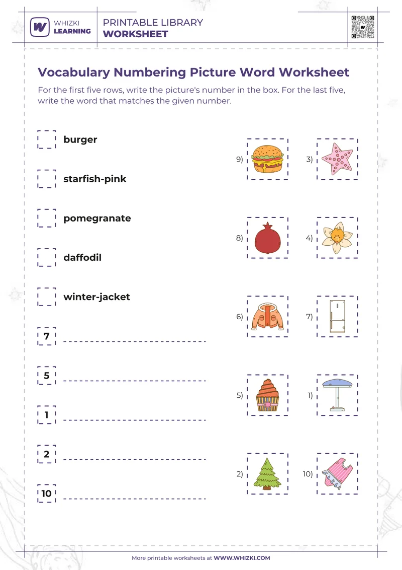 Vocabulary Numbering Picture Word Worksheet