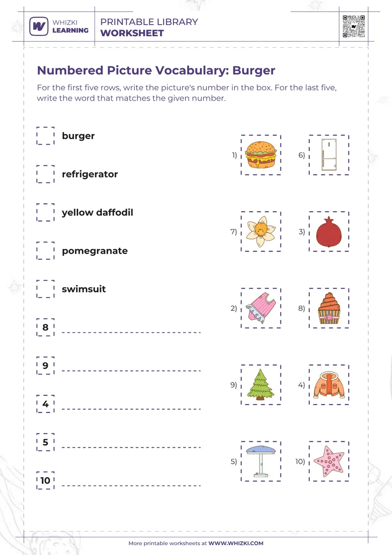Numbered Picture Vocabulary: Burger