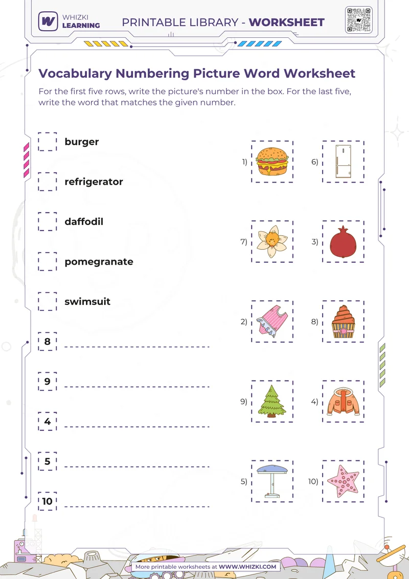 Vocabulary Numbering Picture Word Worksheet