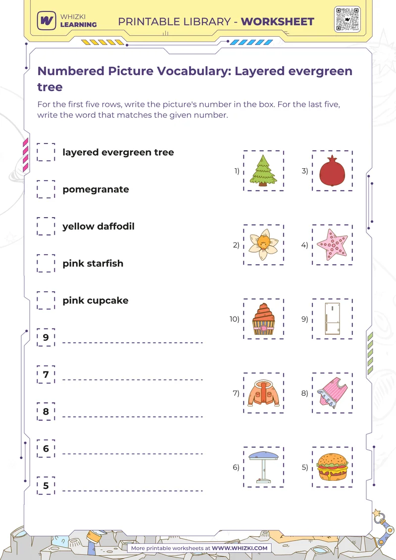 Numbered Picture Vocabulary: Layered evergreen tree