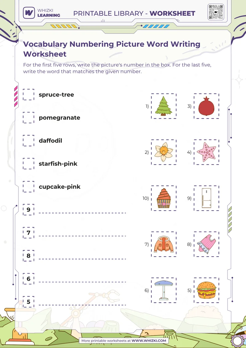Vocabulary Numbering Picture Word Writing Worksheet