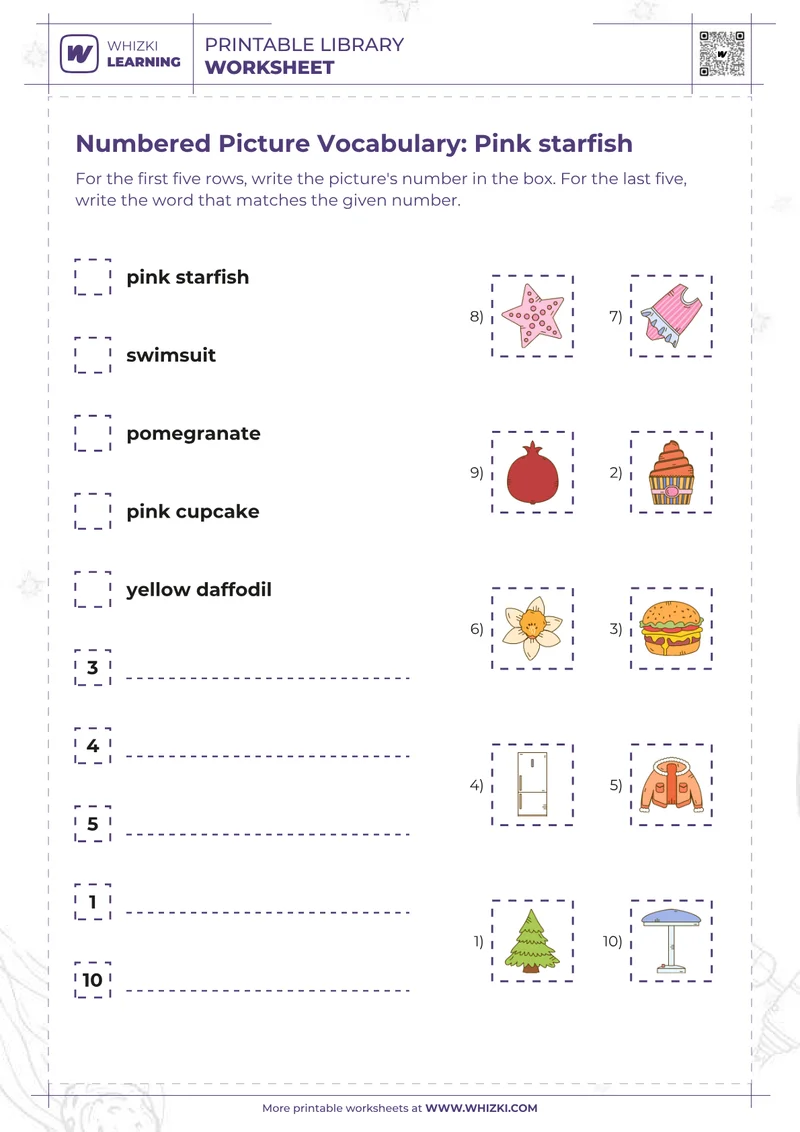 Numbered Picture Vocabulary: Pink starfish