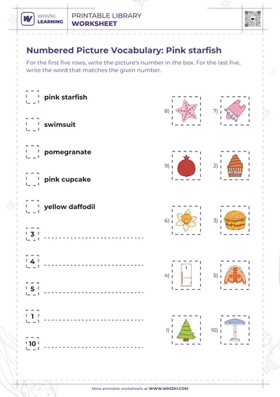 Numbered Picture Vocabulary: Pink starfish