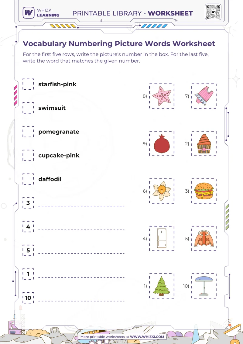 Vocabulary Numbering Picture Words Worksheet