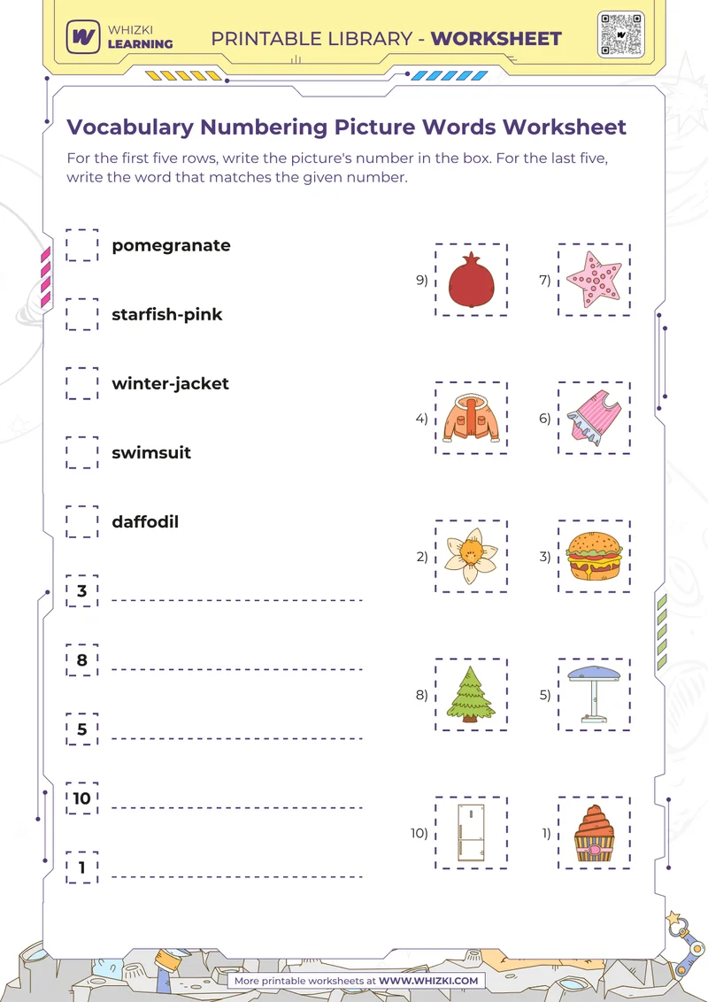 Vocabulary Numbering Picture Words Worksheet