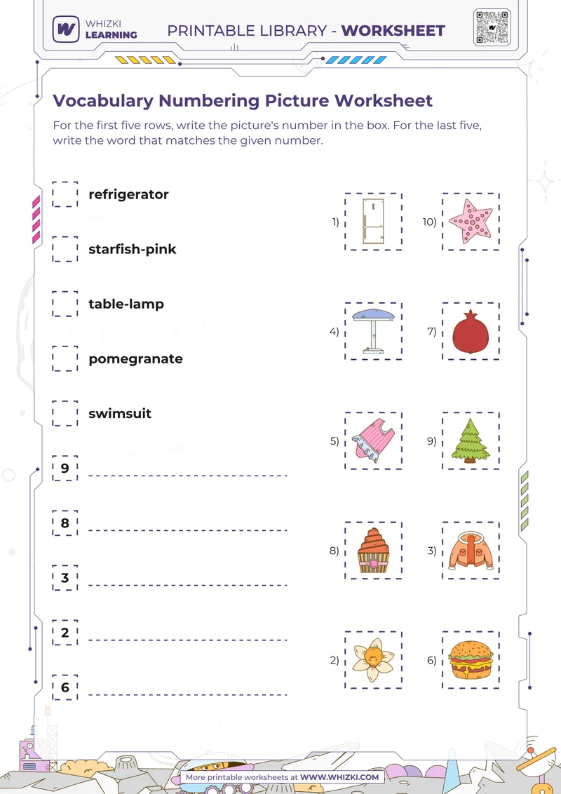 Vocabulary Numbering Picture Worksheet