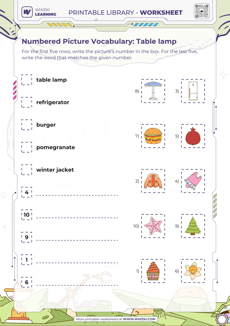 Numbered Picture Vocabulary: Table lamp