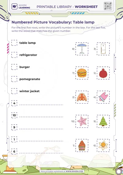 Numbered Picture Vocabulary: Table lamp