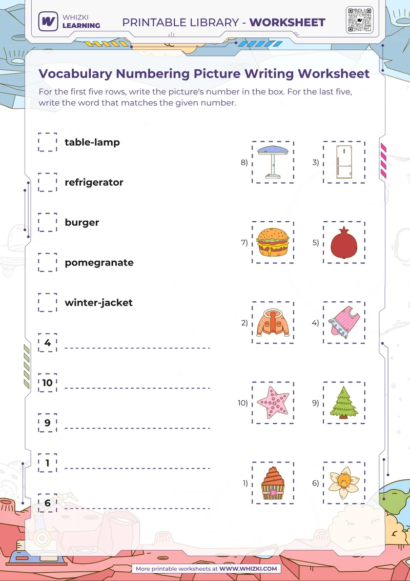 Vocabulary Numbering Picture Writing Worksheet