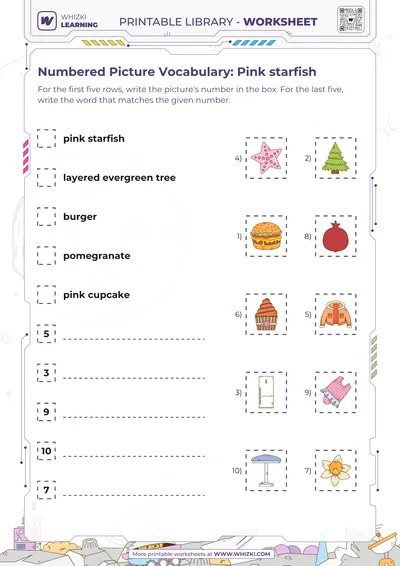 Numbered Picture Vocabulary: Pink starfish