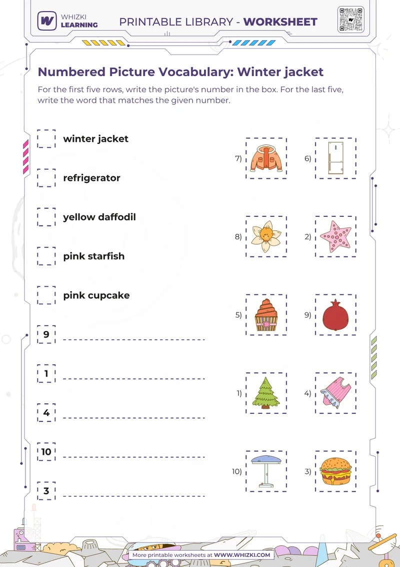 Numbered Picture Vocabulary: Winter jacket