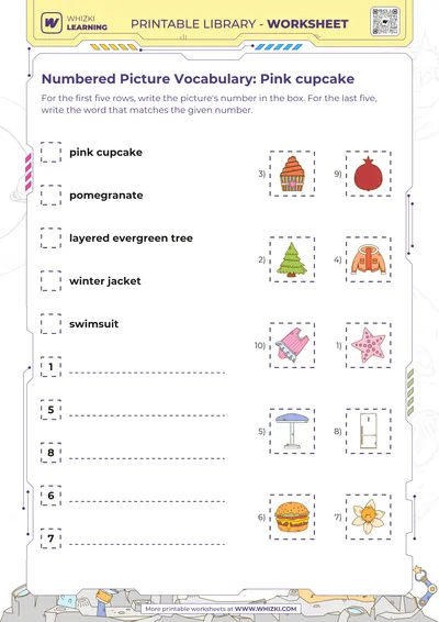 Numbered Picture Vocabulary: Pink cupcake