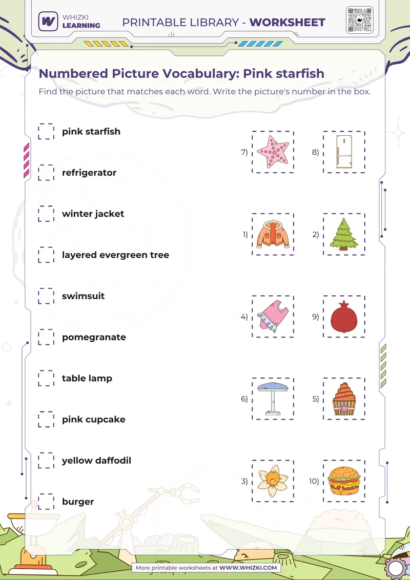 Numbered Picture Vocabulary: Pink starfish
