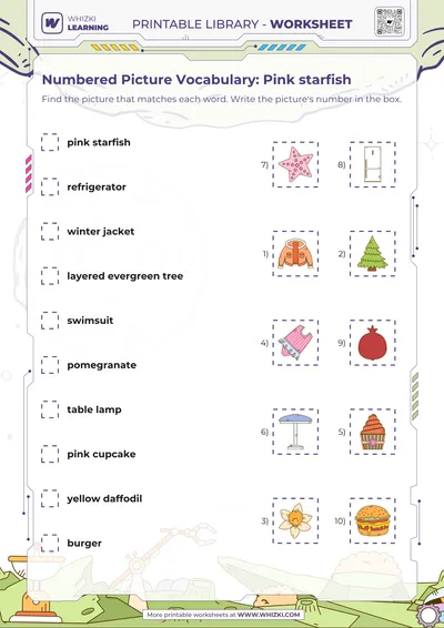 Numbered Picture Vocabulary: Pink starfish