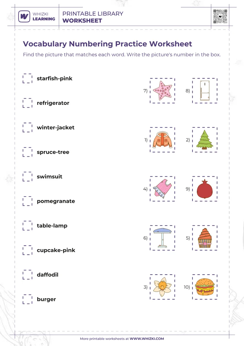 Vocabulary Numbering Practice Worksheet