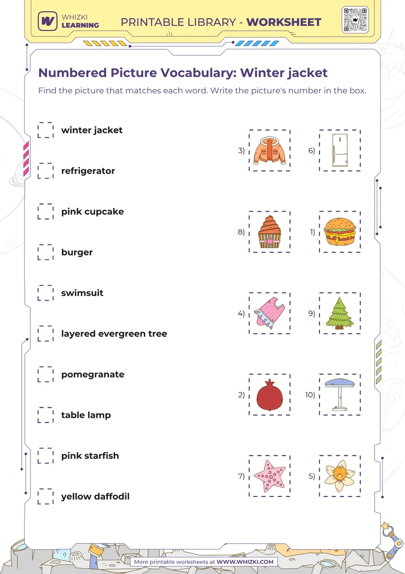 Numbered Picture Vocabulary: Winter jacket