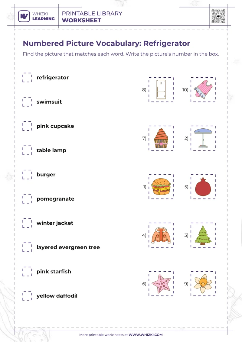 Numbered Picture Vocabulary: Refrigerator