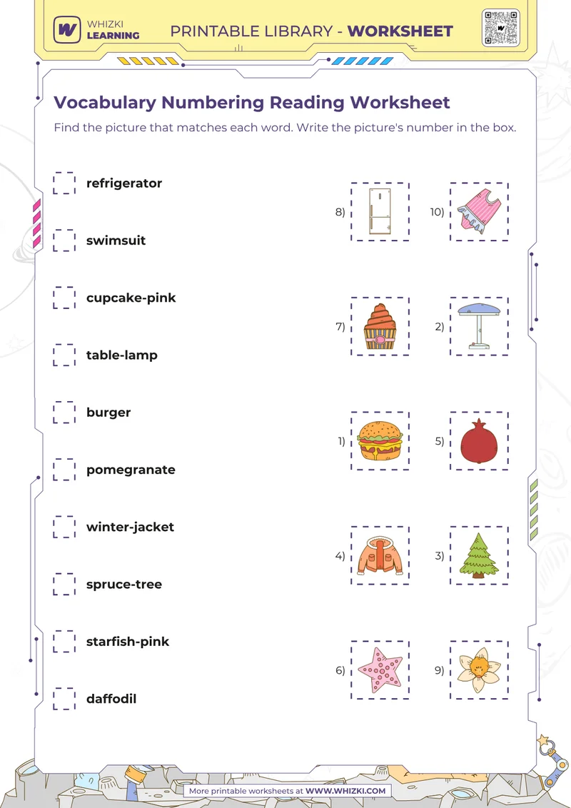 Vocabulary Numbering Reading Worksheet