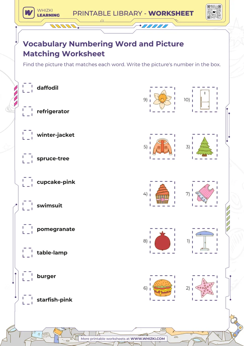 Vocabulary Numbering Word and Picture Matching Worksheet