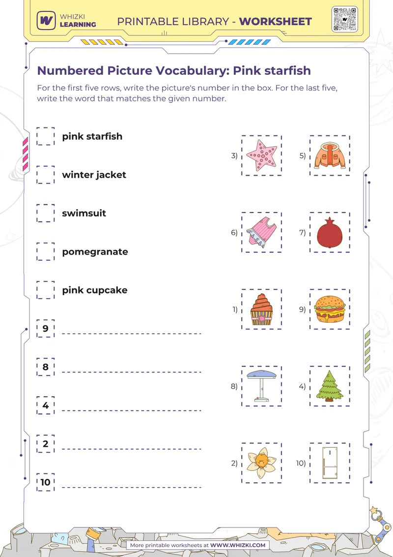 Numbered Picture Vocabulary: Pink starfish