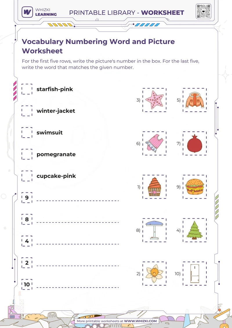 Vocabulary Numbering Word and Picture Worksheet