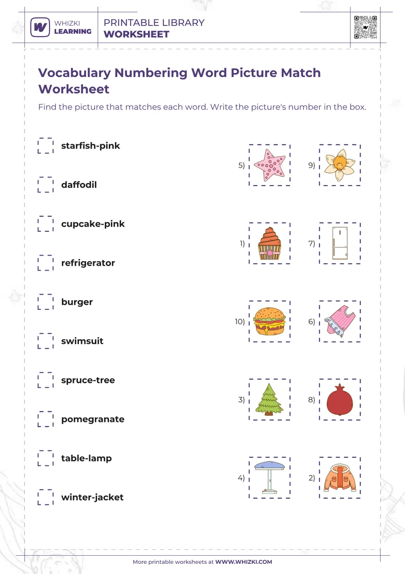 Vocabulary Numbering Word Picture Match Worksheet
