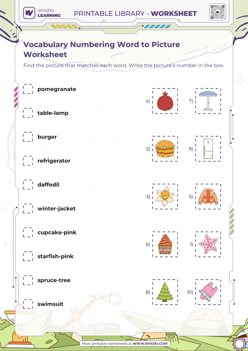Vocabulary Numbering Word to Picture Worksheet