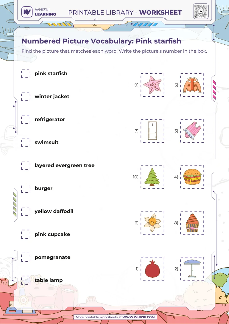 Numbered Picture Vocabulary: Pink starfish