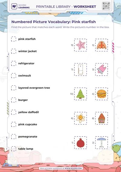 Numbered Picture Vocabulary: Pink starfish