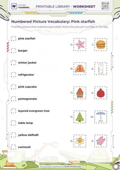 Numbered Picture Vocabulary: Pink starfish