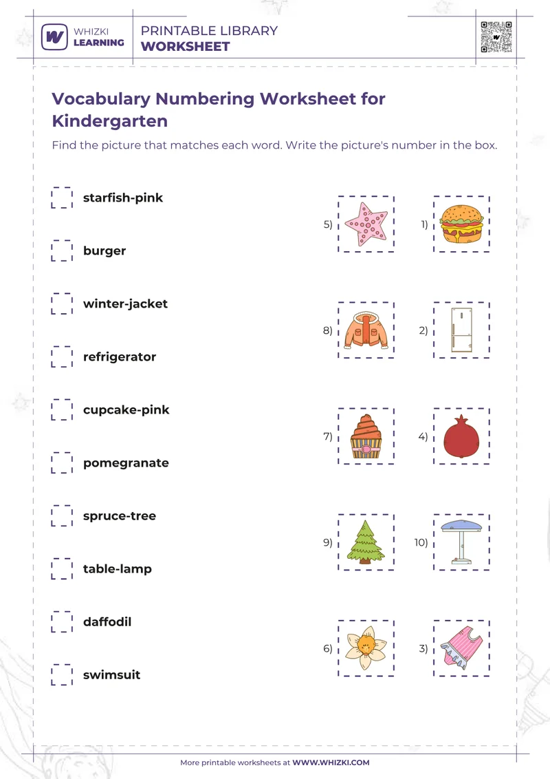 Vocabulary Numbering Worksheet for Kindergarten