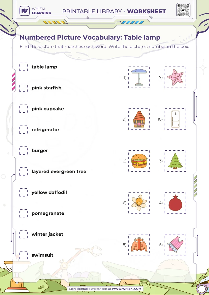 Numbered Picture Vocabulary: Table lamp